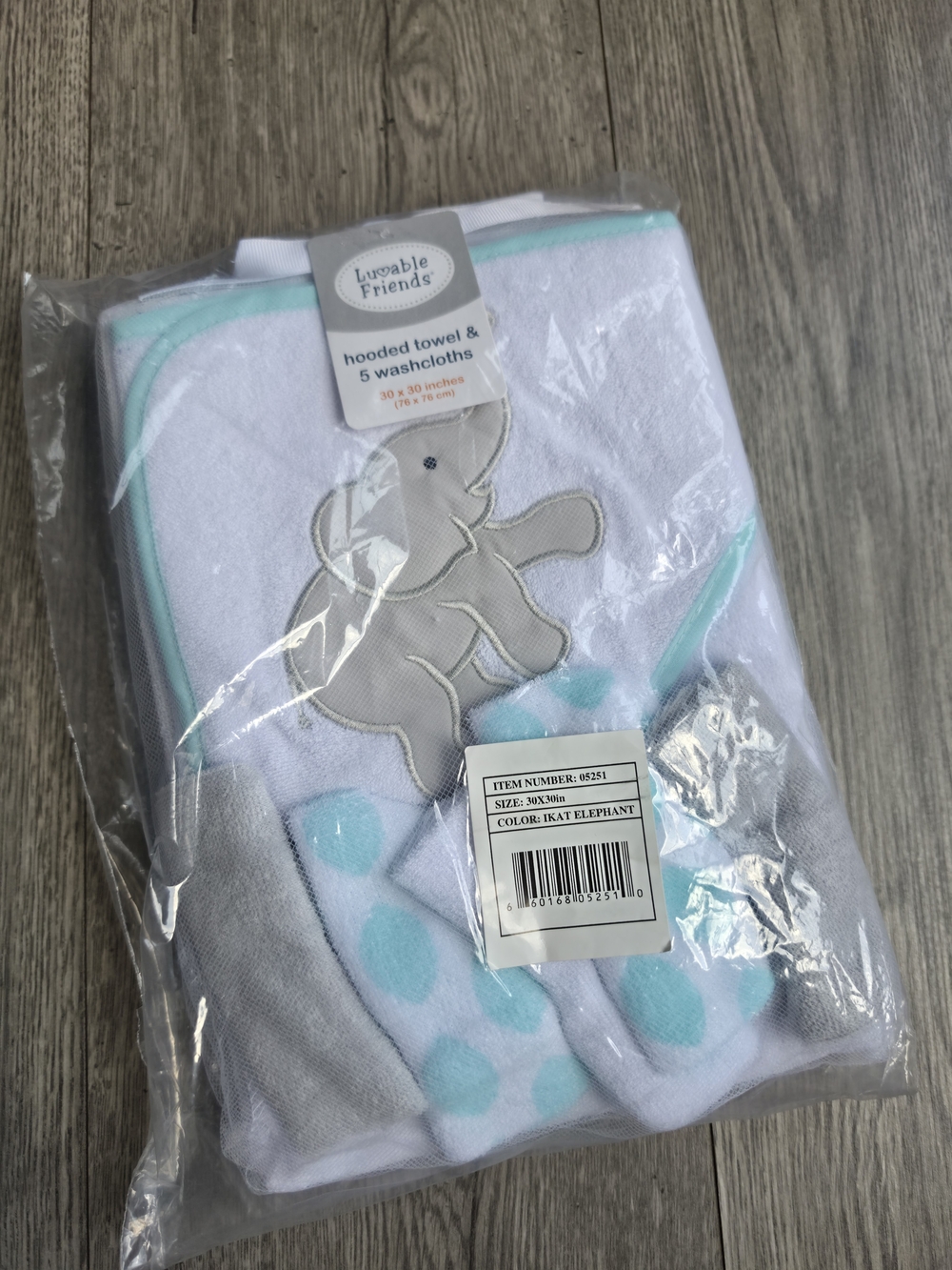 Luvable Friends White & Teal Elephant Hooded Towel with Washcloths